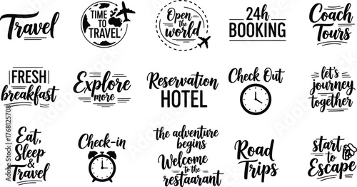 Travel vacation journey adventure hotel booking tourism vector set editable stock