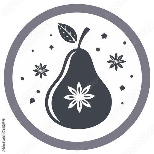 Dark pear icon with star anise and sparkles inside a circle