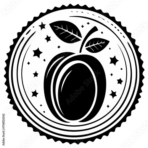 Classic Black and White Peach Fruit Emblem, Elegant Seal Featuring Leaves and Stars
