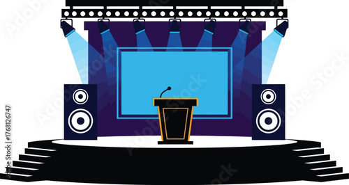 Stage setup with podium speakers and lights for event presentation editable stock