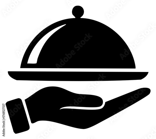 Hand Holding Covered Dish Cloche Icon, Silhouette Concept for Food Service