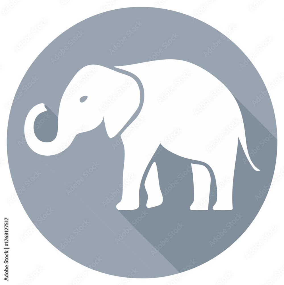 Naklejka premium White elephant silhouette inside a grey circle with long shadow