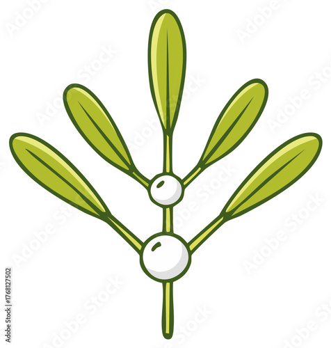 Cartoon mistletoe sprig with white berries, a festive Christmas holiday decoration icon