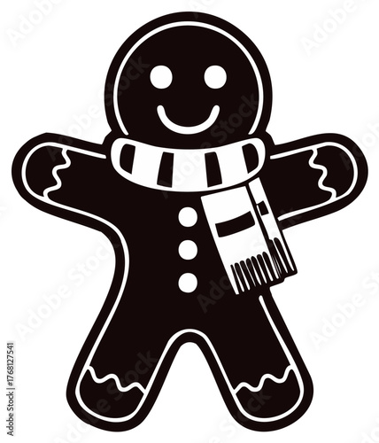 Happy Christmas gingerbread man icon wearing a scarf, black and white vector illustration
