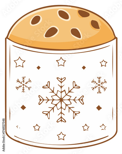 Festive holiday panettone cake with almonds in a decorative winter snowflake wrapper illustration