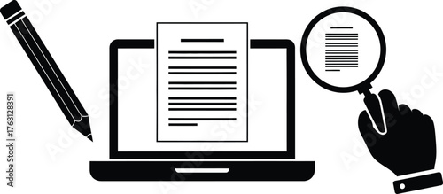 Document review and editing services on laptop with magnifying glass editable stock