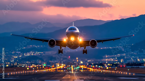 Commercial airplane landing runway twilight sunset approach city mountains lights travel. Commercial airplane landing illuminated runway twilight, warm sunset sky over city and mountains