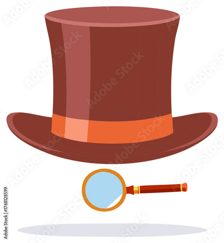 Classic brown top hat and magnifying glass vector illustration for a detective or mystery concept