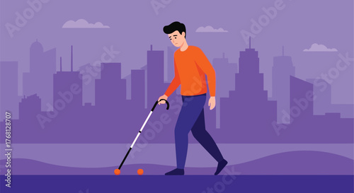 Illustration of blind man walking with cane in city accessibility editable stock