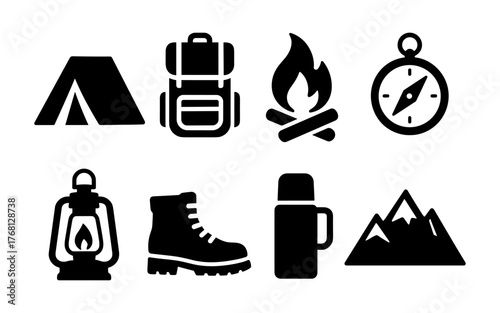Set of black camping and hiking equipment icons including tent, backpack, fire, compass, lantern, boot, thermos, and mountain. Flat icon style