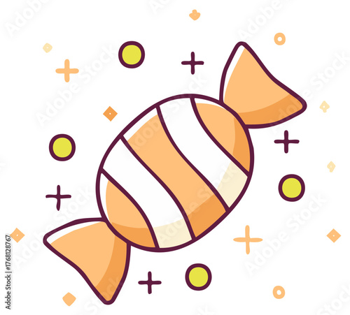 Striped wrapped candy icon with festive yellow shapes, sweet treat for holidays, celebration, parties, vector art