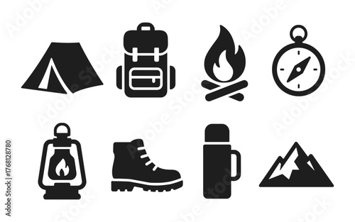 Set of black camping and hiking equipment icons including tent, backpack, fire, compass, lantern, boot, thermos, and mountain. Flat icon style