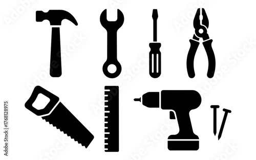 Set of black construction and repair tool icons including hammer, wrench, screwdriver, pliers, saw, ruler, drill, and nails. Flat icon style