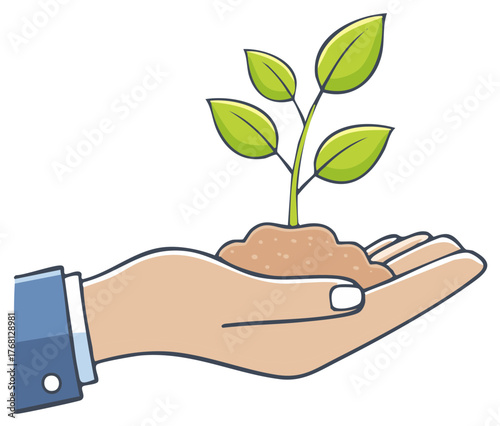 Illustration of a Hand Holding Soil with a Green Plant Sapling Ready to Grow for a Fresh Start