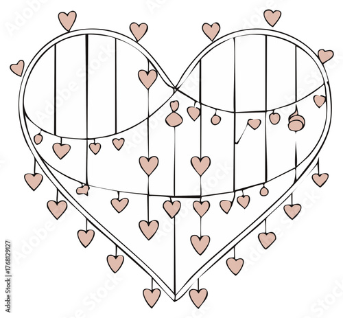 Whimsical heart chandelier illustration featuring hanging hearts Valentines decorations and doodle lines romantic design