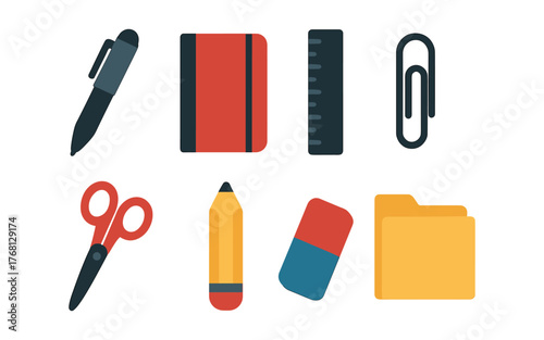 Set of colorful office and school supply icons including pen, notebook, ruler, paperclip, scissors, pencil, eraser, and folder. Flat vector illustration style