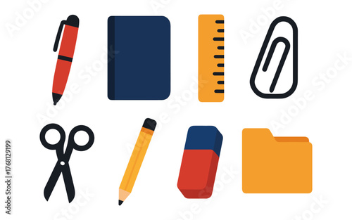 Set of colorful office and school supply icons including pen, notebook, ruler, paperclip, scissors, pencil, eraser, and folder. Flat vector illustration style