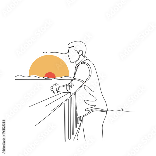 Man leaning on balcony at sunset symbolizing peace and contemplation