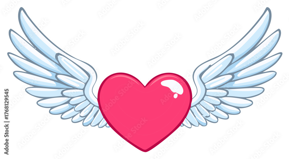 Fototapeta premium Cartoon heart with fluffy white wings flying in the sky with reflections
