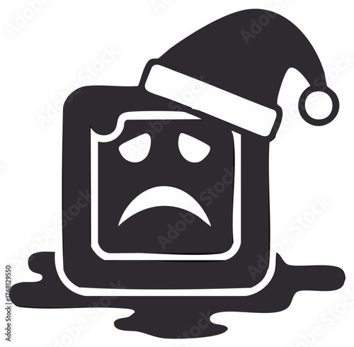 Sad melted cube wearing a Santa hat representing Christmas burnout holiday stress or winter depression in black and white