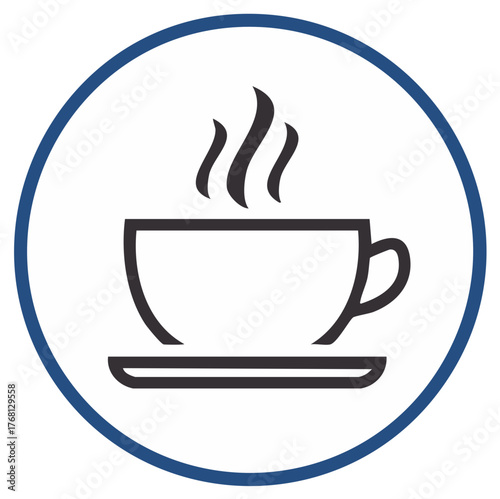 Simple vector icon of a steaming hot coffee cup with saucer enclosed in a clean blue circle