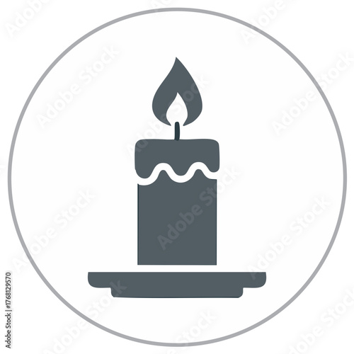 Single Candle Flame Icon - Glowing Light Source, Meltdown Wax on Stand, Burning Remembrance, Simple Design