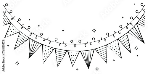 Hand drawn bunting garland with string lights and festive embellishments.