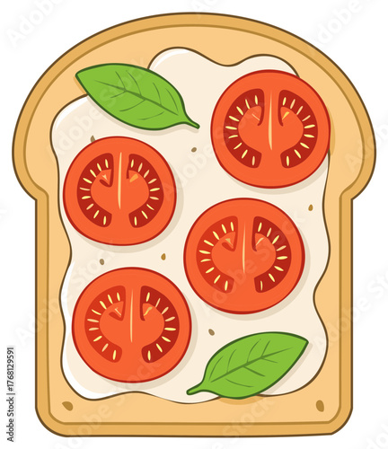 Toasted Bread Slice with Cream Cheese, Tomato Slices and Basil Leaves, Creative Culinary Presentation