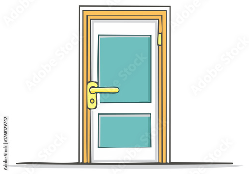 Illustration of a closed door with a glass panel and gold trim in a cartoon style