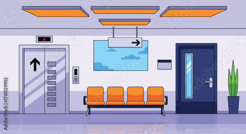 Cartoon hospital waiting area with elevator and chairs illustration editable stock
