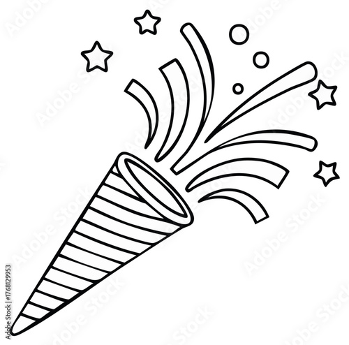 Festive party popper with stars and streamers isolated illustration