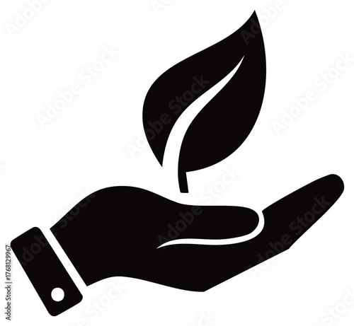 Silhouette of a hand holding a leaf, conceptual representation of nature conservation.