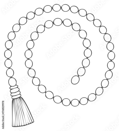 Simple Prayer Beads Illustration with Tassel, Spiritual Rosary in Minimalist Style