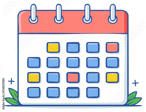 Cute Calendar Illustration with Highlighted Dates and Leaves