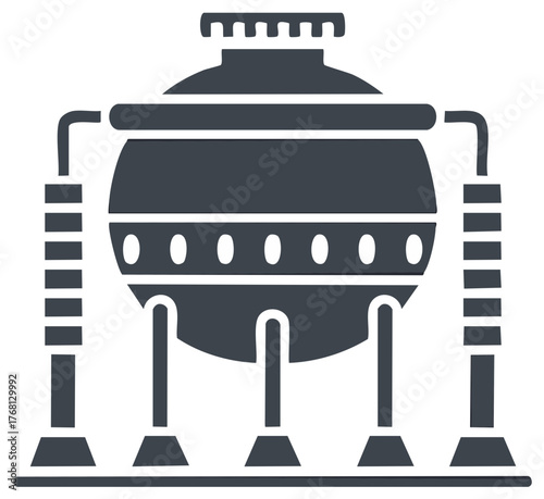 Stylized industrial tank icon, design featuring pipelines, storage, round body, and supporting legs on a flat surface base in solid fill.