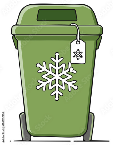 Conceptual illustration of a green garbage can with a snowflake symbol