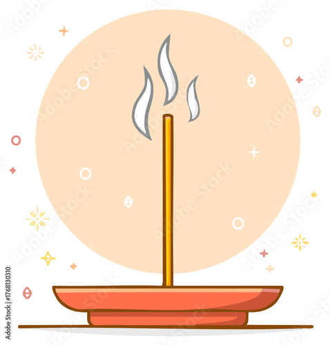 Burning incense stick with rising smoke in a holder. Simple vector icon for meditation and aromatherapy.