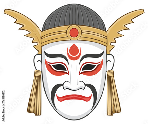 Traditional Japanese kabuki style mask illustration with elaborate red black gold details and ornate headdress