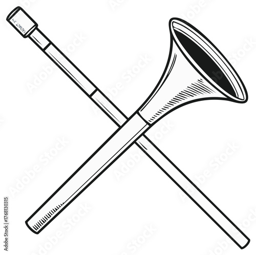 Crossed trumpet and baton in vintage line art style