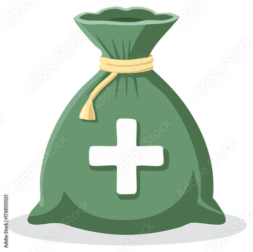 Green money bag tied with golden rope displaying a prominent white medical cross symbolizing healthcare savings and costs