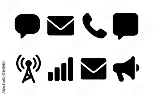 Set of black communication and signal icons including chat bubble, envelope, phone, message, antenna, signal bars, open mail, and megaphone. Flat icon style