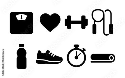 Set of black fitness and health icons including scale, heart, dumbbell, jump rope, water bottle, sneaker, stopwatch, and yoga mat. Flat icon style