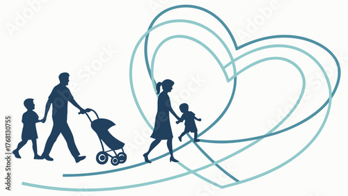 Silhouette family walking with stroller and heart shape design on a white background illustration art