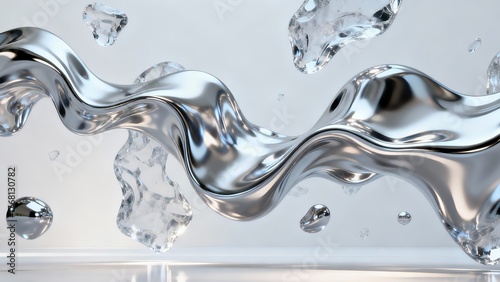 Abstract silver liquid metal wave with reflective surface and floating shapes. Generative AI.