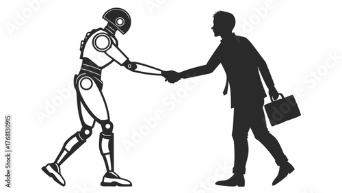 A robot and a businessman shaking hands in silhouette symbolizing artificial intelligence and business deal