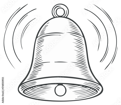 Drawn Bell Illustration Creating Sound Waves, Representing Notification Announcement or Ringing Alarm, Isolated