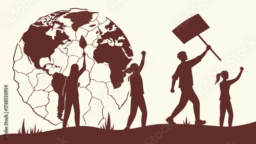 Silhouette illustration of people protesting in front of a world map on a grassy hill landscape view