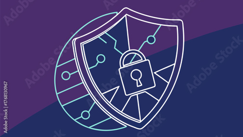 Illustration of a shield with a padlock inside representing security and data protection on a purple background
