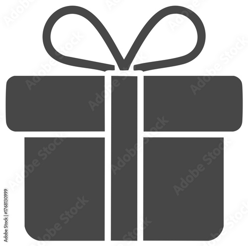 A simple dark gray icon of a gift box with a ribbon and bow signifying celebration and presents