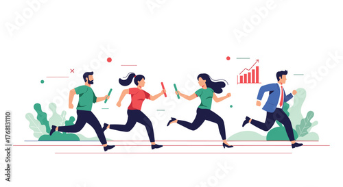 Diverse business team running a relay race, symbolizing teamwork and progress towards a goal.